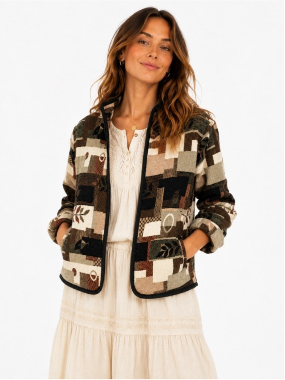 Vintage Tapestry Jacquard Zip Jacket Cottagecore Boho Neutral Patchwork, M